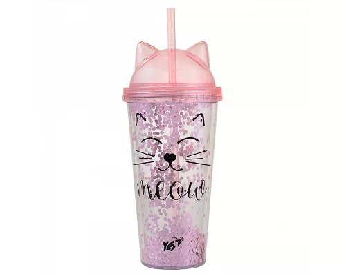 Тамблер-стакан YES с блестками Pink Cat 450мл с трубочкой (707076)