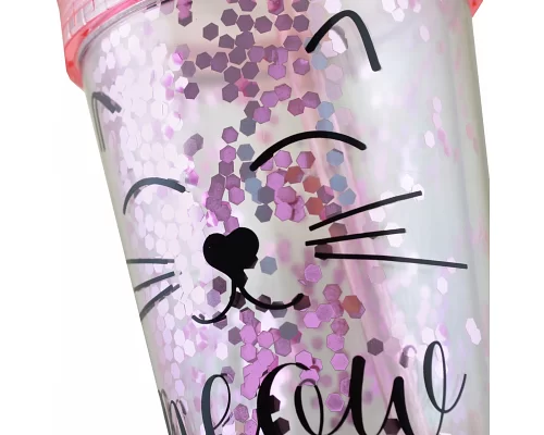 Тамблер-стакан YES с блестками Pink Cat 450мл с трубочкой (707076)