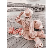 Картина за номерами Дівчина з ведмедем біля моста що в термопакете 40*50см Стратег код: VA-1560