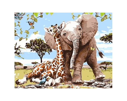 Картина за номерами Слоненя і жираф - кращі друзі в термопакете 40*50см Стратег код: VA-1733