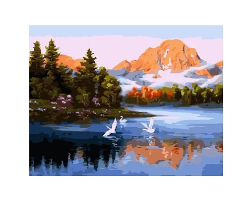 Картина за номерами Лебеді на гірському озері в термопакете 40*50см Стратег код: VA-1772