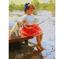 Картина по номерам Девочка и щенок на мостике в термопакете 40*50см Стратег код: VA-1794