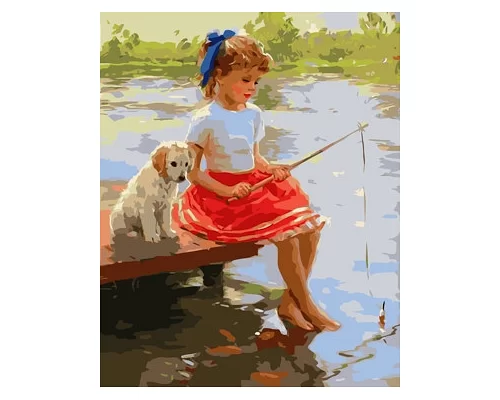 Картина по номерам Девочка и щенок на мостике в термопакете 40*50см Стратег код: VA-1794
