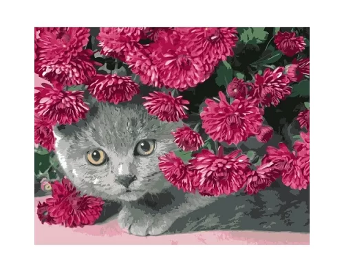 Картина по номерам Серый кот в цветах в термопакете 40*50см (VA-0586)