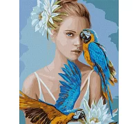 Картина за номерами Патріотична Дівчина із блакитними папугами 40х50 (KHO4802)