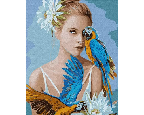 Картина по номерам  Патриотическая Девушка с голубыми попугаями 40х50 (KHO4802)