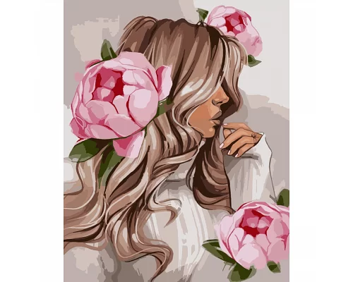 Картина за номерами Дівчина з рожевими півоніями 40*50 см SANTI (954503)