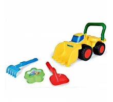 Бульдозер с игрушками для песка пасочка, лопатка, грабельки, в сетке  (70410)