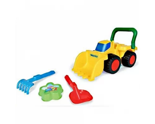 Бульдозер с игрушками для песка пасочка, лопатка, грабельки, в сетке  (70410)