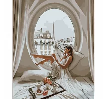 Картина за номерами Strateg Сніданок на фоні Парижу 40х50 см (HH054)
