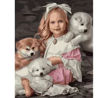 Картина за номерами Strateg   Дівчинка з собачками 40х50 см (GS963)