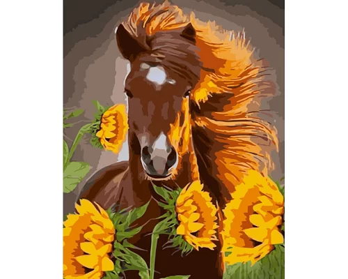 Картина за номерами Strateg Кінь серед соняшників 40х50 см (GS975)
