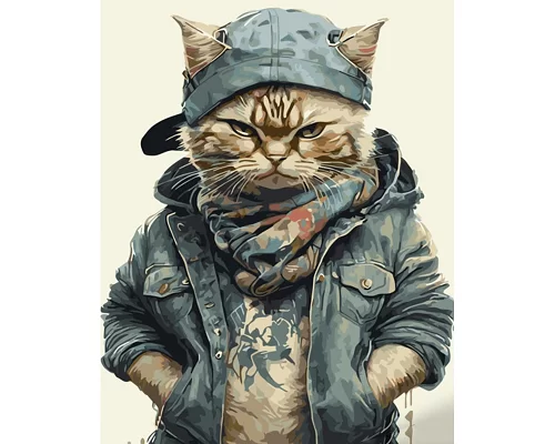 Картина за номерами Strateg   Кіт у джинсовці 40х50 см (GS979)