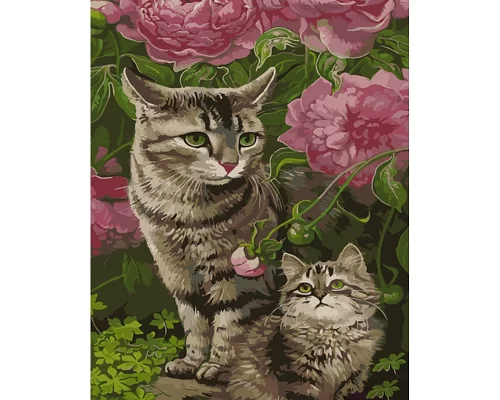 Картина за номерами Strateg   Котики у квітах 40х50 см (GS997)