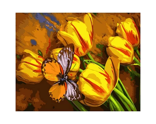 Картина за номерами Strateg Жовті тюльпани з метеликом 40х50 см (GS1019)