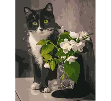 Картина за номерами Strateg Кіт з квітами 40х50 см (GS1021)