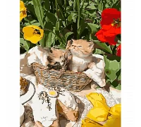 Картина за номерами Strateg   Котики серед тюльпанів   40х50 см (GS1300)