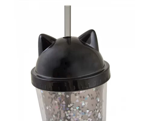 Тамблер-стакан YES с блестками Black Cat 450мл с трубочкой (707075)
