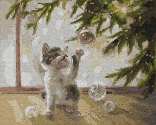 Картина за номерами Кошеня та різдвяні іграшки Джулія Томеско 40х50 Ідейка (KHO4254)