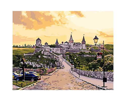 Картина за номерами Кам'янець-Подільський замок при заході сонця з лаком та рівнем розміром 40х50 см Strateg (SY6558)