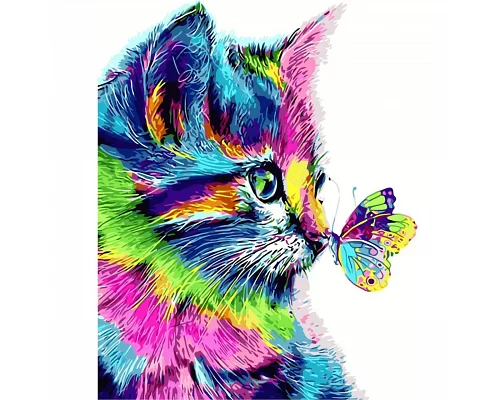 Картина за номерами  Кольоровий кіт з метеликом розміром 40х50 см Strateg (VA-2148)