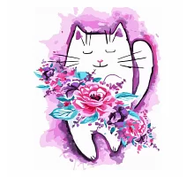 Картина за номерами  Акварельник котик з квітами розміром 30х40 см Strateg (SV-0044)