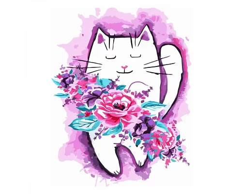 Картина за номерами  Акварельник котик з квітами розміром 30х40 см Strateg (SV-0044)