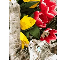 Картина за номерами  Котик з тюльпанами розміром 40х50 см Strateg (SY6810)