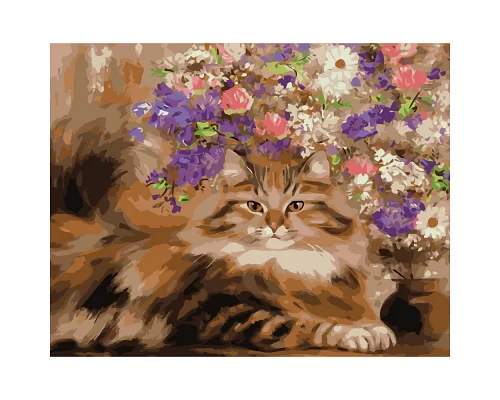 Картина за номерами  Кіт біля квітів розміром 40х50 см Strateg (GS122)
