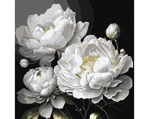 Картина за номерами Бездоганна краса білих півоній з фарбами металік art_selena_ua 40х40 Ідейка (KHO3237)