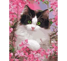 Картина за номерами Котик у рожевих квітах 40х50 см Strateg (GS1483)