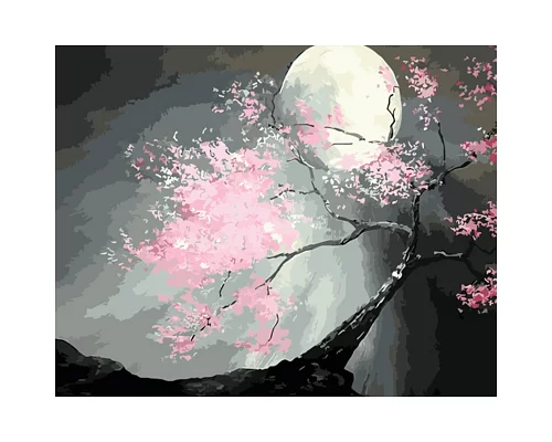 Картина за номерами Сакура в місяці з лаком та з рівнем 40х50 см Strateg (GS1484)