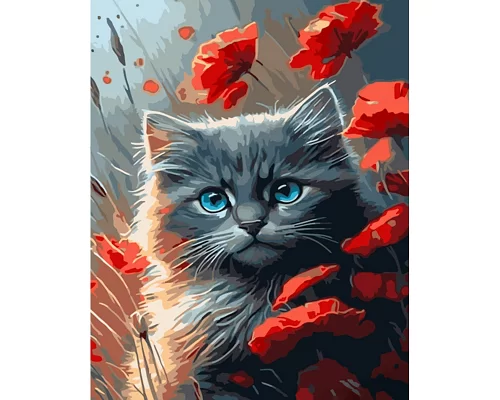 Картина за номерами Сірий котик у маках 40х50 см Strateg (GS1485)