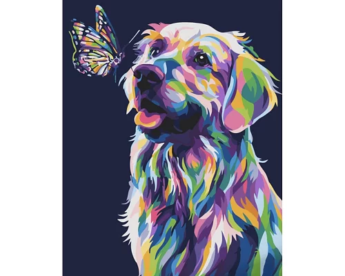 Картина за номерами Поп-арт собака з метеликом з лаком та з рівнем 40х50 см Strateg (GS1542)