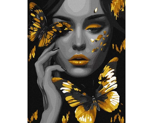 Картина по номерам Девушка с золотыми бабочками с красками металлик 40x50 Идейка (KHO8307)