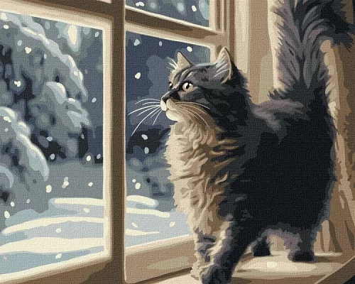 Картина по номерам Снегопад за окном котик art_selena_ua 40х50 Идейка (KHO6550)
