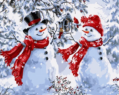 Картина по номерам Веселые снеговики 40*50 см Origami (LW3070)