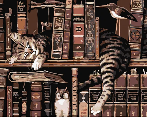 Картина по номерам Кот с птичками в магазине книг. Животные 40*50 см Оригами 30300 (LW30300)