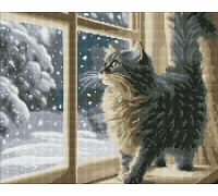 Алмазна мозаїка Снігопад за вікном з котиком з голограмними стразами Ідейка (AMO7801)