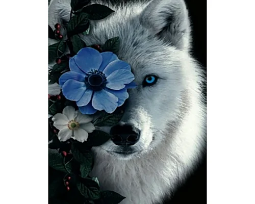 Алмазна мозаїка Білий вовк у квітках без підрамника розміром 40х50 см Strateg (JSFH85892)