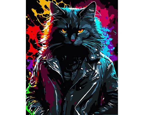 Картина за номерами Брутальний кіт у курточці на чорному фоні розміром 40х50 см Strateg (AH1015)