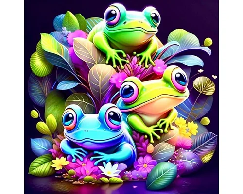 Картина за номерами Різнобарвні жабенята на чорному фоні розміром 40х40 см Strateg (AV4040-3)