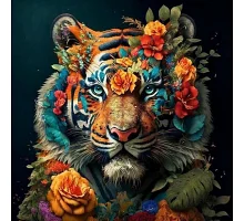 Картина за номерами Яскравий тигр у квітах на чорному фоні розміром 40х40 см Strateg (AV4040-8)