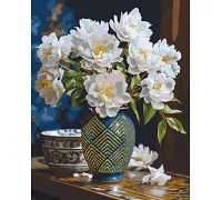 Картина за номерами Білі квіти у вазі з фарбами металік золото 40*50 см Орігамі (LW31350)