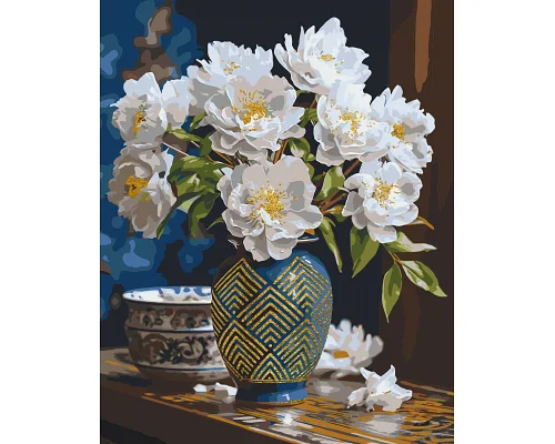 Картина за номерами Білі квіти у вазі з фарбами металік золото 40*50 см Орігамі (LW31350)