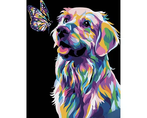 Картина за номерами Поп-арт собака лабрадор з метеликом на чорному фоні розміром 40х50 см Strateg (AH1047)