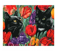 Картина за номерами Коти у тюльпанах з лаком 40х50 см Strateg VA-2593