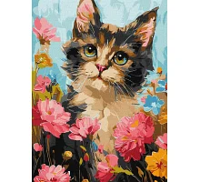 Картина за номерами Пухнастий котик в квітах 30х40см  Ідейка (KHO6600)