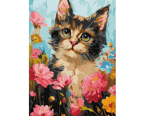 Картина за номерами Пухнастий котик в квітах 30х40см  Ідейка (KHO6600)