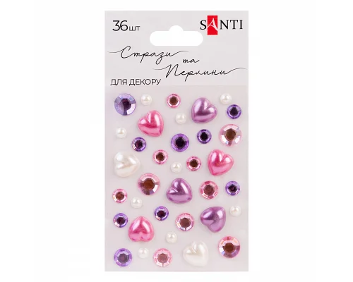 Стрази і перлини самоклеючі Heart mix рожеві бузкові 36 шт Santi (743000)